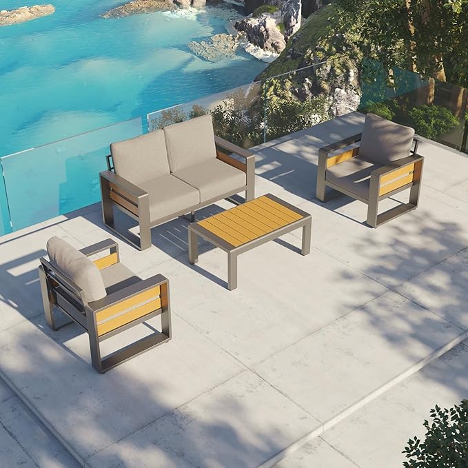 Aoxun Aluminum Patio Furniture Set, 4 Seats Luxury Metal Patio Conversation Sets with Coffee Table, Thick Cushions and Waterproof Cover, Modern Outdoor Furniture Set for Backyard/Poolside, Light Grey