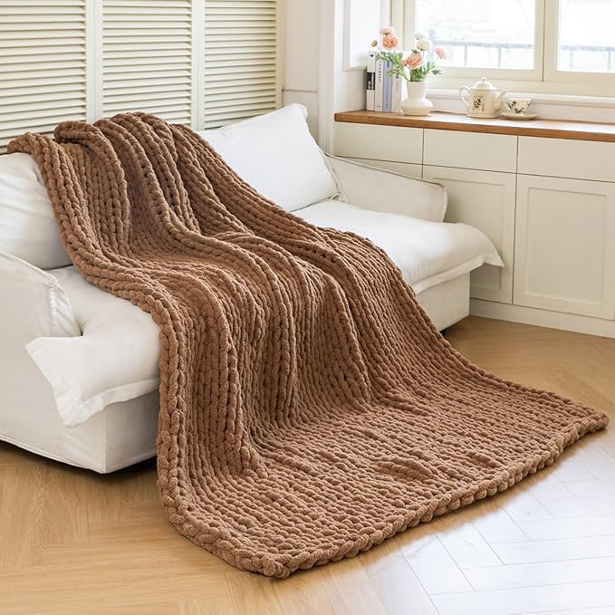 Chunky Knit Blanket - Luxury Soft Cozy 80 * 90 Throw Blanket,100% Woven Blanket Rope Knot Throw Blanket for Couch, Sofa, Home Decor, Gift - Machine Washable (Brown, 80 * 90)