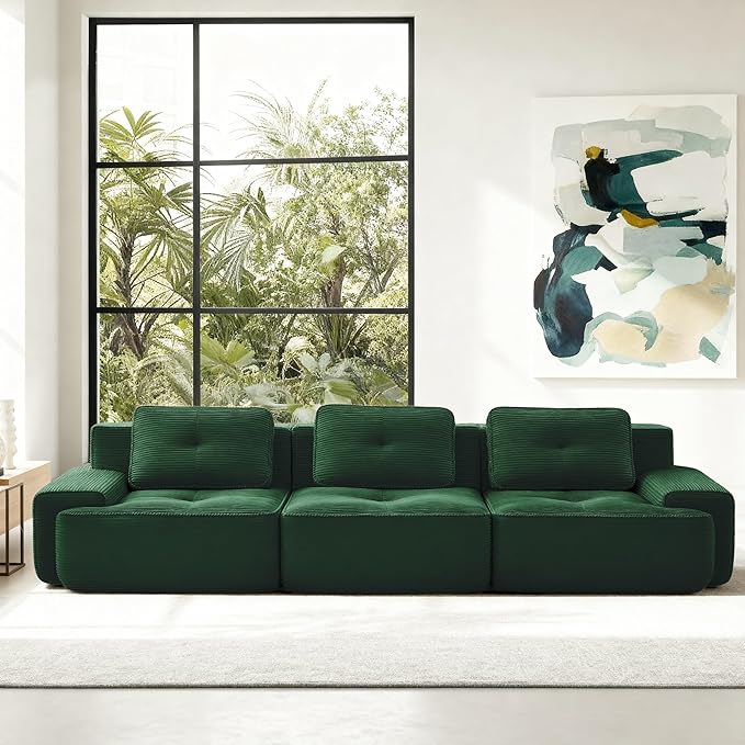Casaphoria 115'' Green Corduroy Sofa, Boneless Sectional Couch with 3 Pillows for Modern Living Room, Deep Seat Sofa No Assembly Modular Cloud Couch