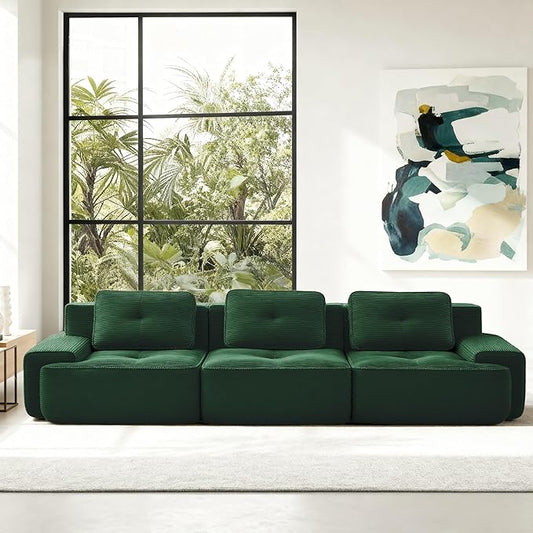 Casaphoria 115'' Green Corduroy Sofa, Boneless Sectional Couch with 3 Pillows for Modern Living Room, Deep Seat Sofa No Assembly Modular Cloud Couch