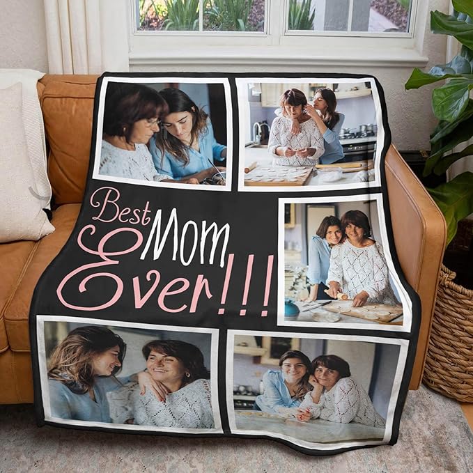inkArts Custom Mom Blanket with 5 Photos Personalized Blanket with Pictures Customized Throw Gifts for Mom Grandma Photo Throw Blanket for Birthday Mother's Day, 15 Colors Available