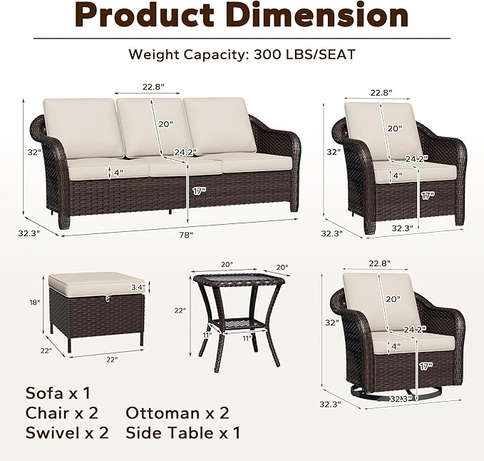 8 Piece Patio Wicker Conversation Set, All-Weather Use Outdoor Wicker Sofa with 2 PE Rattan Ottomans,2 Chair, 2 Swivel Chair, 1 Side Table, Ideal for Porch, Backyard, Balcony, Poolside, Beige