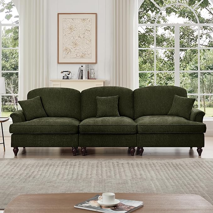 KEIKI Mid Century Modular Sofa with Flared Arms and Skirted Design, 107” Oversized 3-Seater Luxury Chenille Sectional Couches for Living Room, Big Comfy Couch Bedroom Furniture, Green
