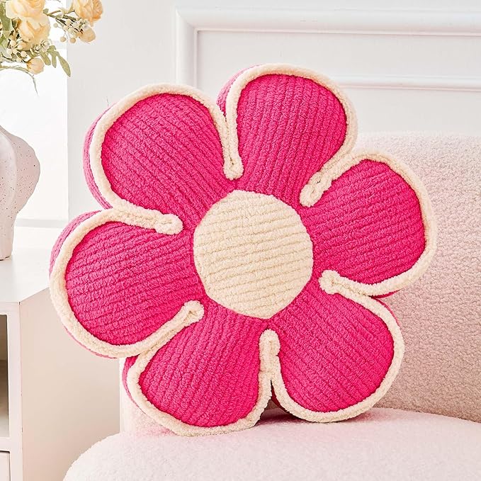 Kcvvcr Flower Pillow, Soft Flower Decorative Throw Pillow, Cute Daisy Flower Shaped Seating Floor Cushion Room D??cor Plush Pillows for Sofa Couch Bed (17.7 Inch, Hot Pink)