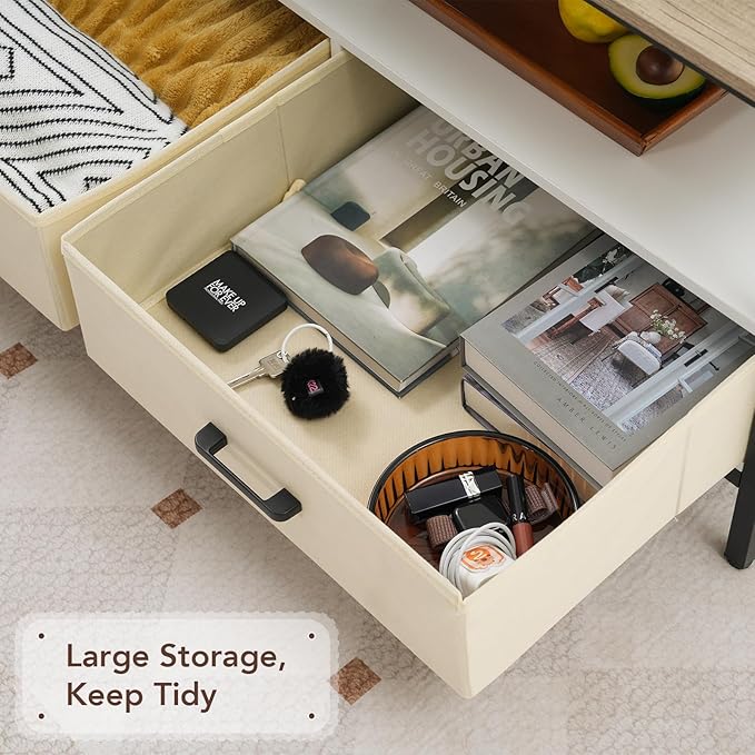OC Orange-Casual Coffee Table, 40" Farmhouse Coffee Table with Storage Shelf & 2 Removable and Foldable Drawers, Center Table with Sturdy Frame, for Living Room, Bedroom, Office