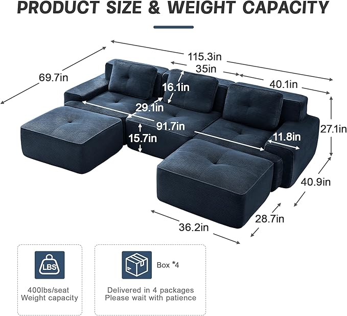 Casaphoria 115'' Blue Modular Sofa Set, 3-Seat U-Shaped Corduroy Couch with 2 Ottomans for Large Living Room No Assembly Required Deep Seat Sectional Couch