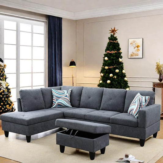 FONTOI L Shaped Sectional Couch with Otttoman, 97" Sectional Sofa for Living Room Flannel Modular Couches with Cup Holders for Bedroom, Apartments, Dark Grey