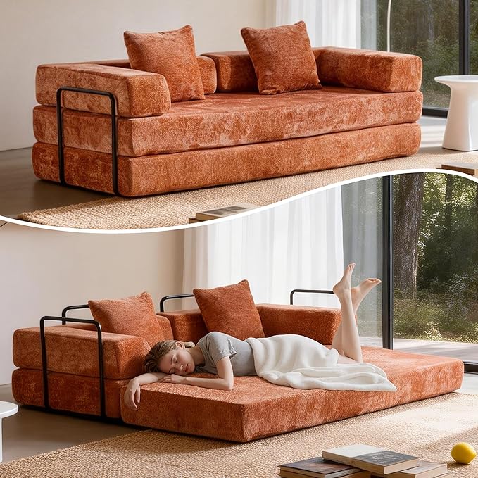 Convertible Floor Sofa Bed, Fold Out Floor Couch with Pillow Back & Armrest, Compressed Couch with Fixed-Shape Frame, Chenille Foldable Sleeper Sofa Bed for Living Room Bedroom, Orange