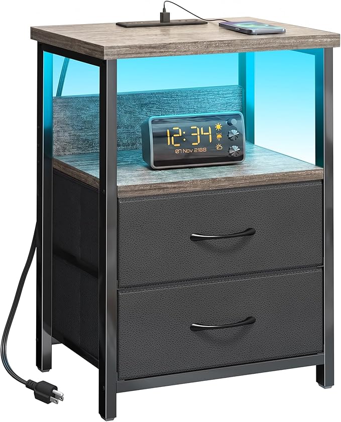 Fixwal Night Stand with Charging Station, LED Nightstand with U-S-B Ports and Outlets, 2 Fabric Storage Drawers with PU Finish, Bed Side Table, French Oak by Fixwal