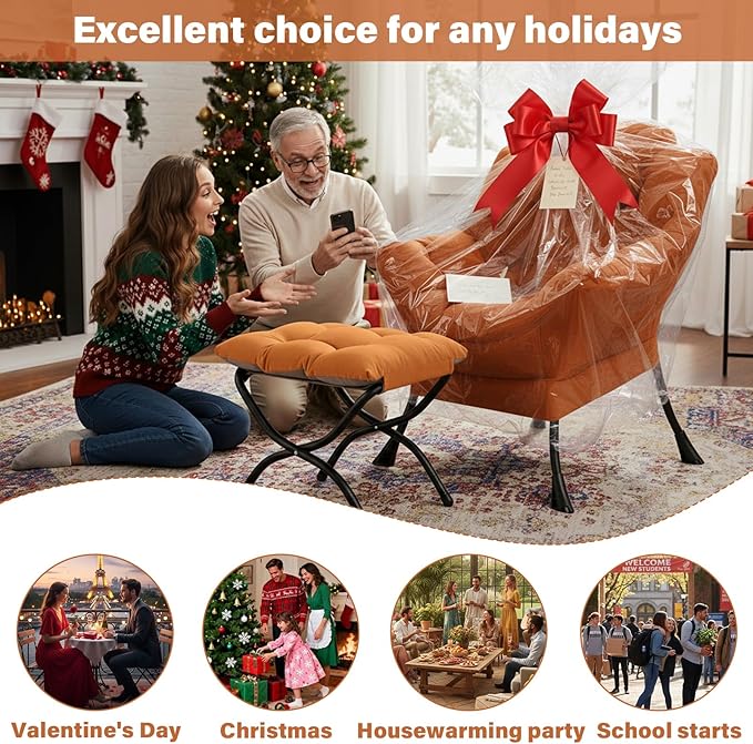 Lazy Chair and Ottoman, Large Accent Orange Velvet Chair with Side Pocket, Modern Leisure Upholstered Reading Armchair with Footrest for Office, Bedroom, Living Room, Dorm Rooms, Balcony