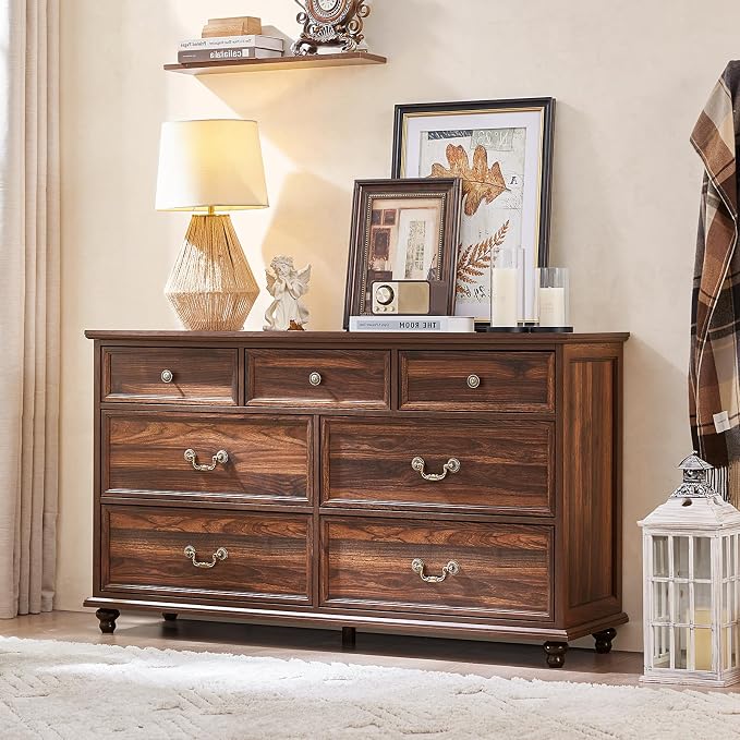 Joaxswe Farmhouse 7 Drawers Dresser for Bedroom, Brown 54 Inch Wide Chest of Drawers w/ 4 Wooden Legs, Large Vintage Rustic Closet Dressers for Living Room, Wood TV Stand with Storage Organizer by Joaxswe