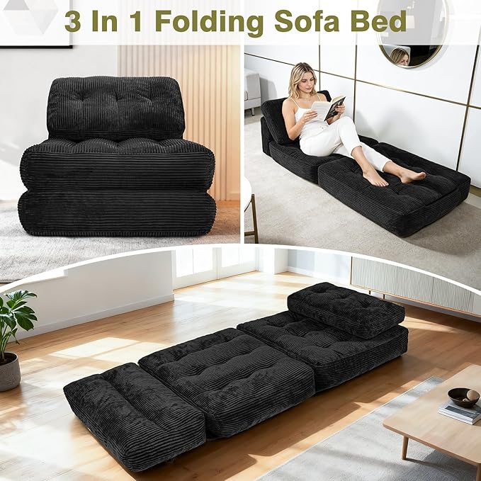 Art3d Folding Sofa Bed, Convertible Sleeper Sofa Bed with Pilow & Back Support, 3 in 1 Long Futon Boneless Couch, Comfy Floor Couch for Living Room, Bedroom, Black