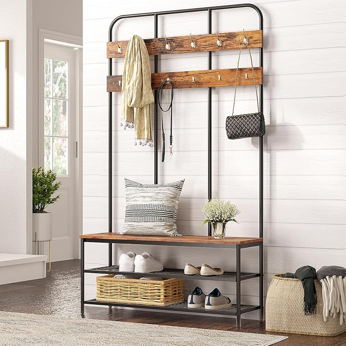 HOOBRO Hall Tree with Bench, Entryway Bench with Coat Rack, Mud Room Rack with 12 Double Hooks and Shoe Storage, Coat Tree, Shoe Rack Organizer, for Foyer, Front Door, Rustic Brown BF05MT01 - Image 2