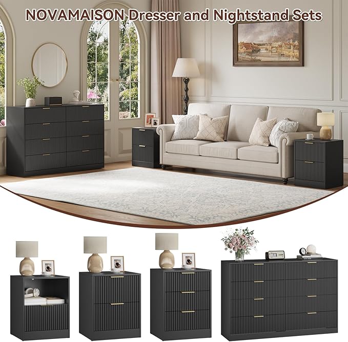 8 Drawer Dresser & Nightstand Set 3-Piece, 55” Wide Fluted Black Dresser and Night Stand Set of 2 with Metal Handle, Modern Wood Chest of Drawers Storage Dressers Set for Bedroom, Black
