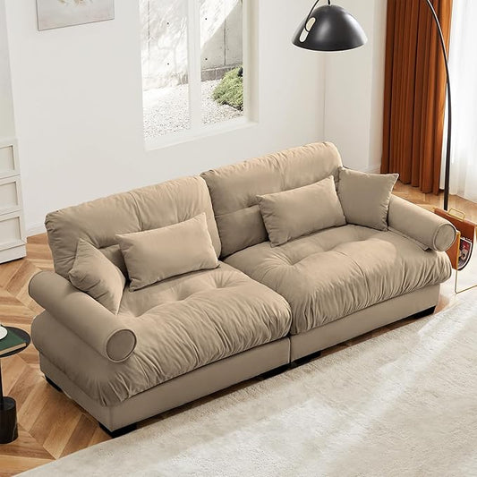 KEIKI 94" Oversized Velvet Modular Sectional Loveseat Sofa with High-Density Foam Cushions and Bolstered Armrests, Upholstered Modern Style 2-Seater Cloud Couch with 4 Pillow, for Living Room, Camel