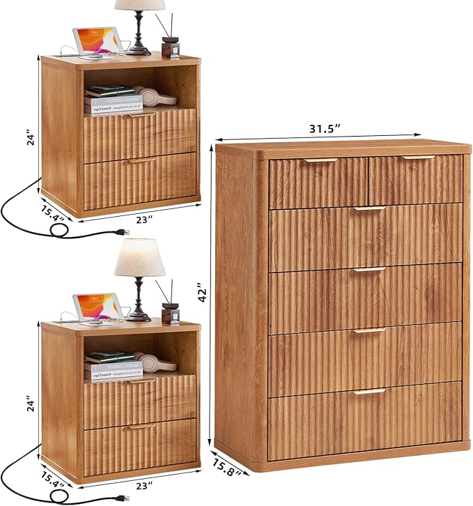 LEYAOYAO 42" Tall Fluted Dresser and 2 Drawers 23" Nightstand Set of 2, Wooden Dresser & Night Stand with Charging Station, 3 Piece Bedroom Furniture Set, Wood Chest of Drawer for Living Room,Brown