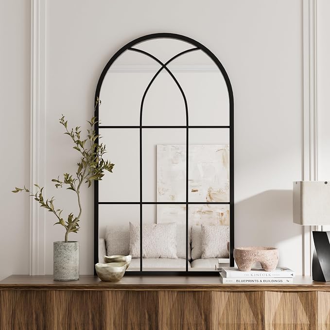 Rowjut Arched Wall Mirror 42" x 24" Window ＆ Wall Decorative Mirror, Iron Framed Window Pane Mirrors, Arched Top Wall Mirror for Entryway Living Room, Bedroom, Fireplace (Black) by Rowjut