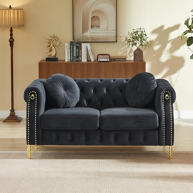 ERYE 60.5-Inch Button Tufted Sofa Couch with 2 Round Pillows, 2 Seat Velvet Tufted Sofa Compact Chesterfield Loveseat Couches W/Nailhead Decor,Ring Accent & Golden Legs