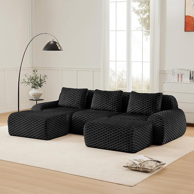 114" U-Shaped Compressed Sectional Cloud Sofa, Flannel Upholstered Modular Deep Seat Sofa with 5 Pieces, Symmetrical Boneless Foam Modular Cloud Couches for Living Room