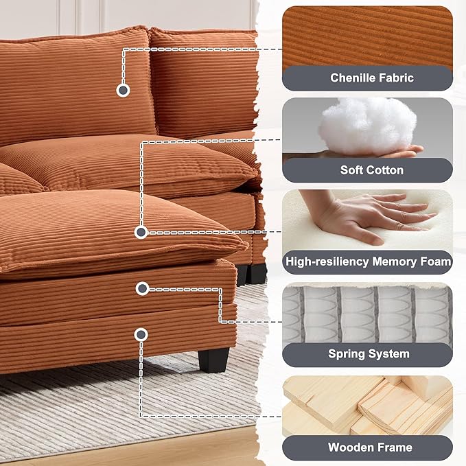 Modular Sectional Sofa Couch with Reversible Ottoman, 103" Oversized Corduroy Cloud Couch, 3 Seat Sectional Sofa with Solid Wood Frame and Side Pockets,for Living Room & Apartment