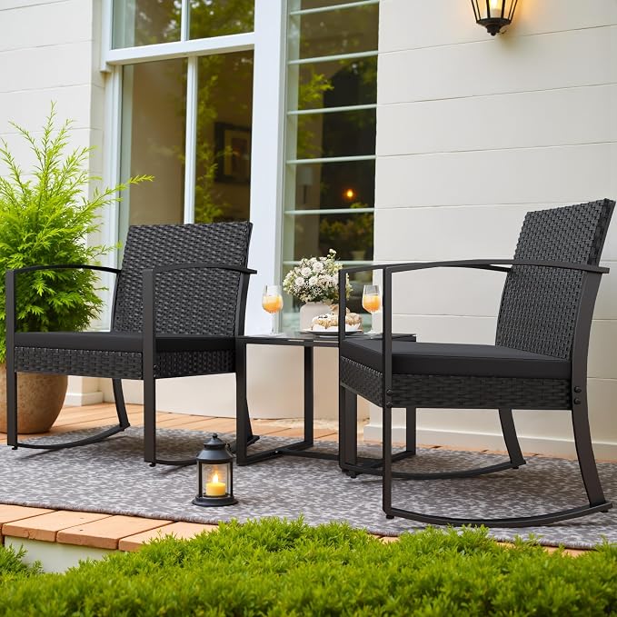 Homall Patio Furniture Set 3 Piece Resin Outdoor Bistro Set Rocking Patio Chairs with Cushions and Table for Porch, Poolside, Balcony and Yard (Black) - Image 5