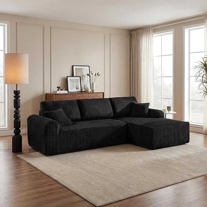 109-Inch L-Shaped Right Facing Boneless Corner Sofa 2 PCS Modular Sectional Cloud Sofa Couch with Chaise Lounge and Toss Pillow, Corduroy Boneless L-Shaped Couches
