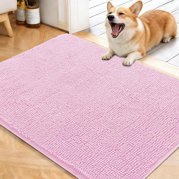 OLANLY Dog Door Mat for Muddy Paws 40x32, Absorbs Moisture and Dirt, Absorbent Non-Slip Washable Doormat, Quick Dry Chenille Mud Mat for Dogs, Entry Indoor Entryway Carpet for Inside Floor, Pink by OLANLY