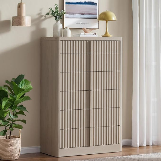 Fluted Dresser for Bedroom, 48" Tall 6 Drawer Dresser, Modern Chest of Drawers with Solid Wood Handle, Curved Profile Design, Wood Dressers Storage Organizer,Bedroom, Living Room, Hallway, White Alder by Harpaq