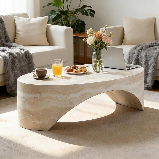 43.31" Oval Coffee Table in Faux Marble,Stylish and Modern Fiberglass Dining Table, No Assembly Modern Center Table for Living Room, Office, or Balcony.(Mars,ø43.31" x 24")