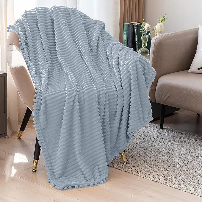 DISSA Fleece Blanket Throw Size ?€? 51x63, Grey ?€? Soft, Plush, Fluffy, Fuzzy, Warm, Cozy ?€? Perfect Throw for Couch, Bed, Sofa - with Pompom Fringe - Flannel Blanket Throw Blanket