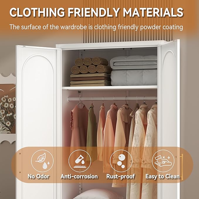 Polup Metal Wardrobe Cabinet for Hanging Clothes, 71" Tall Armoire Wardrobe Closet with Hanging Rod, White Clothing Storage Cabinet with Doors and Shelves, Large Closet for Bedroom-Assemble Required