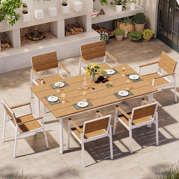 Outdoor Dining Set for 6, Patio Table and Chairs Set with Umbrella Hole, 7 Pieces HDPS + Aluminum Outdoor Furniture Sets for Patio, Garden (White & Teak) by Oasbira