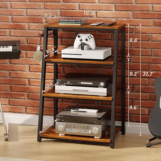 4-Tier AV Media Stand with 2 Hooks,Heavy Duty Stereo Cabinet Furniture-Large Stereo Rack and Game Console Stand,Wooden Record Player Stand,Audio Stand Perfect for DVD Players/Game Console/TV Box/Xbox - Image 3