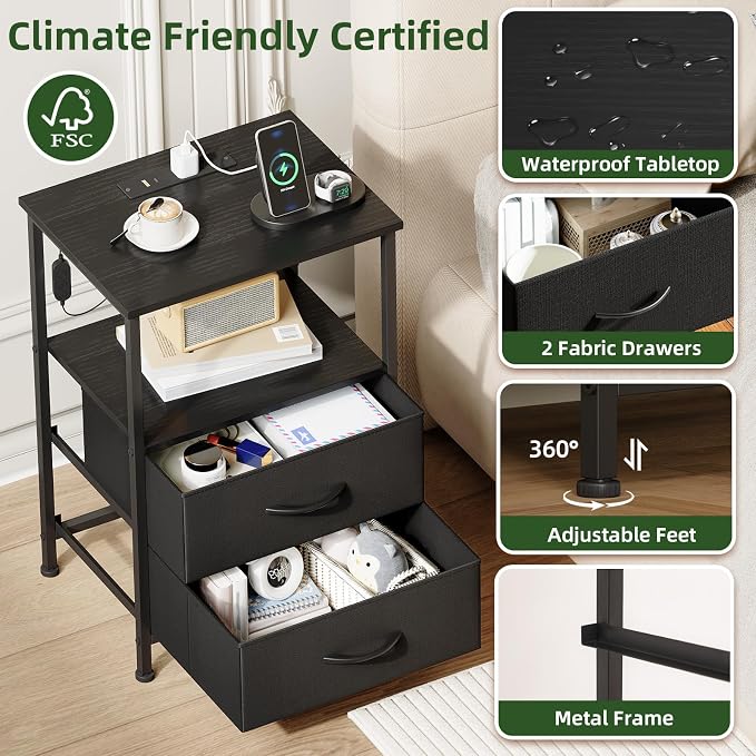 Somdot Black Nightstand with Charging Station and LED Light for Bedroom, 2 Drawers Dresser with Fabric Bins for Bedside Kids Dorm Room Closet Laundry Entryway, Black - Image 6