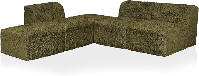 Furniture of America Havyn Modern Faux Fur 5-Seater L-Shaped Modular Armless Foam Sectional Sofa with Ottoman, Compressed Couch in a Box, No Assembly Required, for Living Room and Office, Olive Green