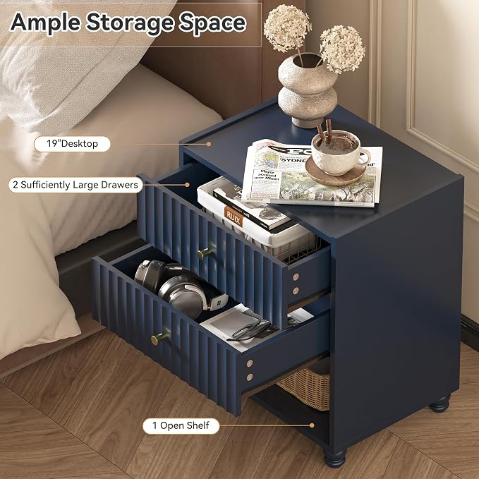 Modern Nightstand, Fluted End Table with 2 Drawers, Nightstand with Open Shelf for Bedroom (1, Blue) - Image 4