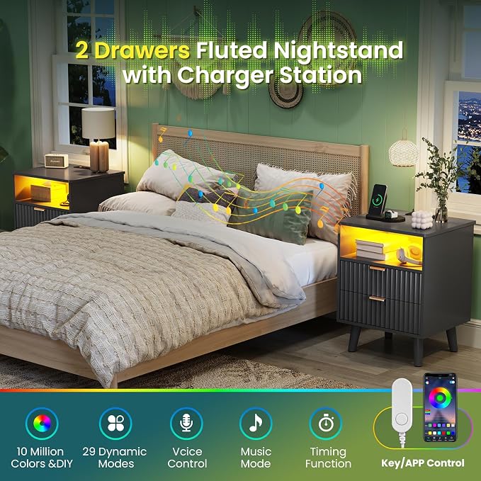 AOGLLATI Night Stand with Charging Station and Fluted Panel, 2 Drawers Black Nightstand with LED Lights and Open Storage Cubby, Modern LED Bedside Table with Metal Handle for Bedroom - Image 4