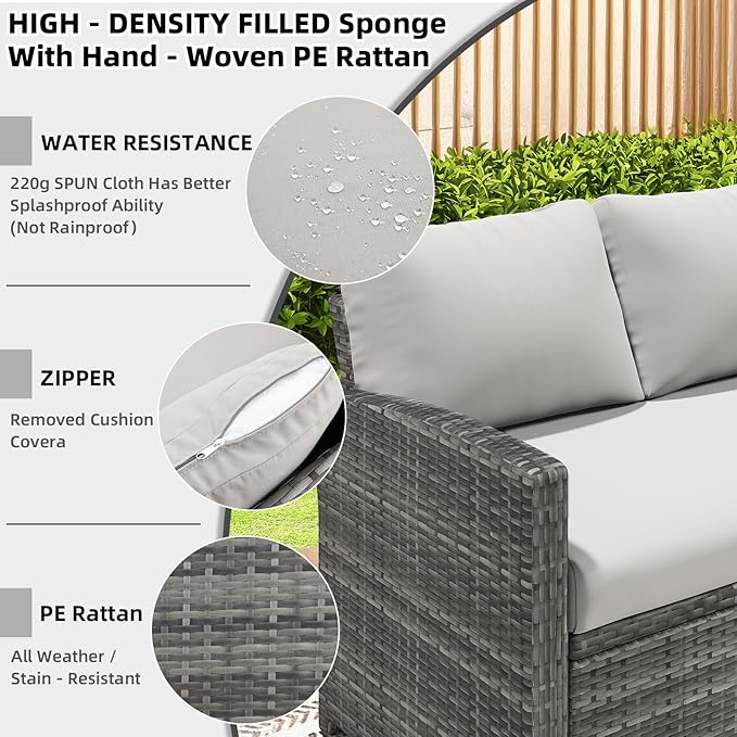AECOJOY Outdoor Patio Furniture Set, 7 Pieces Clearance Sectional Rattan Dining Table&Chairs, All Weather Wicker Conversation Sofa Couch with Ottoman, Light Grey Cushions&Grey Rattan
