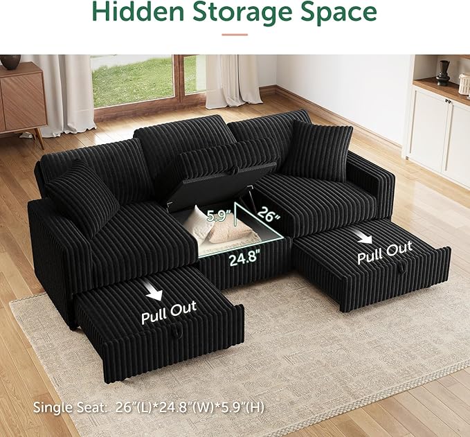 HONBAY 94.5 Inch Sectional Sofa, Modular L & U Shaped Pull Out Couch with Adjustable Backrest & Storage, Velvet Black