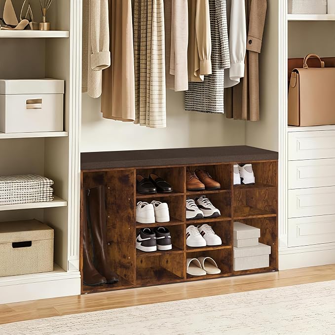 DINZI LVJ Shoe Storage Bench with Cushion, 16-Cubby Shoe Rack, Adjustable Shelves, Multifunctional Shoe Organizer Bench for Entryway, Mudroom, Hallway, Living Room, Bedroom and Garage, Rustic Brown - Image 8