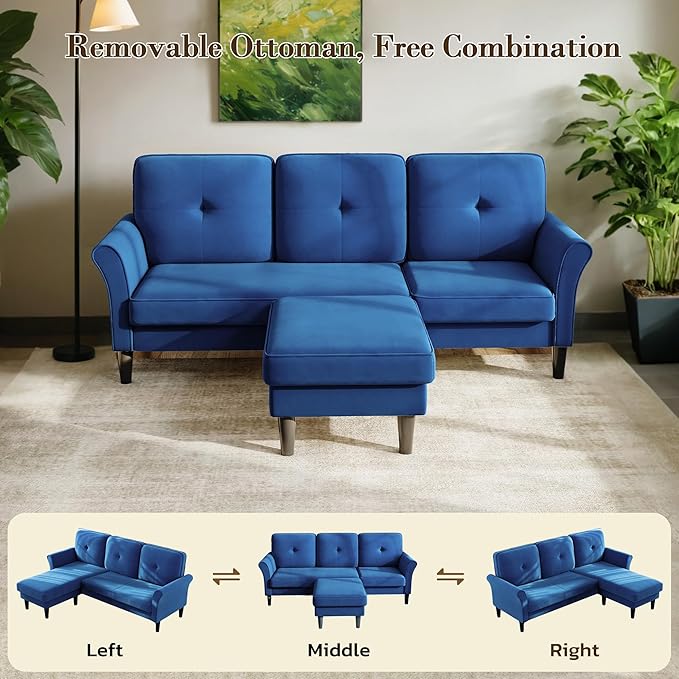 Sectional Couches for Living Room, 83" Velvet Modern 3 Seater Sofa, L Shaped Couch with Ottoman, Small Sectional Couch Sofas for Living Room, Bedroom, Apartment, Office, Blue Sofa