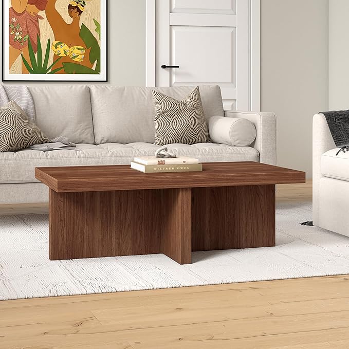 Henn&Hart 44" Rectangular Pedestal Low-Profile Coffee Table for Living Room, Family Room, or Office, Satin Walnut
