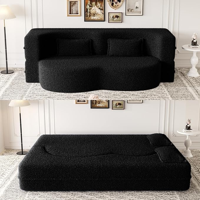 Ball & Cast 78" Floor Sofa Bed with 2 Pillows,Convertible Teddy Fabric Foam-Filled Sleeper Sofa Bed,Pull Out Couch Full Size Folding Mattress for Living Room,Playroom,No Assembly Required,Black
