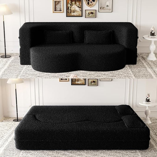 Ball & Cast 78" Floor Sofa Bed with 2 Pillows,Convertible Teddy Fabric Foam-Filled Sleeper Sofa Bed,Pull Out Couch Full Size Folding Mattress for Living Room,Playroom,No Assembly Required,Black