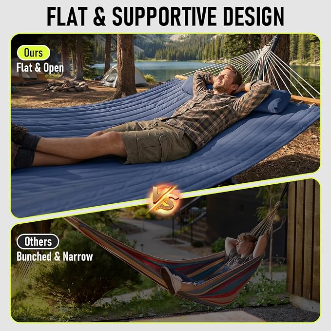 FULIYE Double Hammock with Stand for Outdoor，2 Person Heavy Duty Portable Hammock with Adjustable Steel Stand and Balance Ropes Included – for Patio, Backyard, Garden, Beach (Purplish Blue) - Image 6