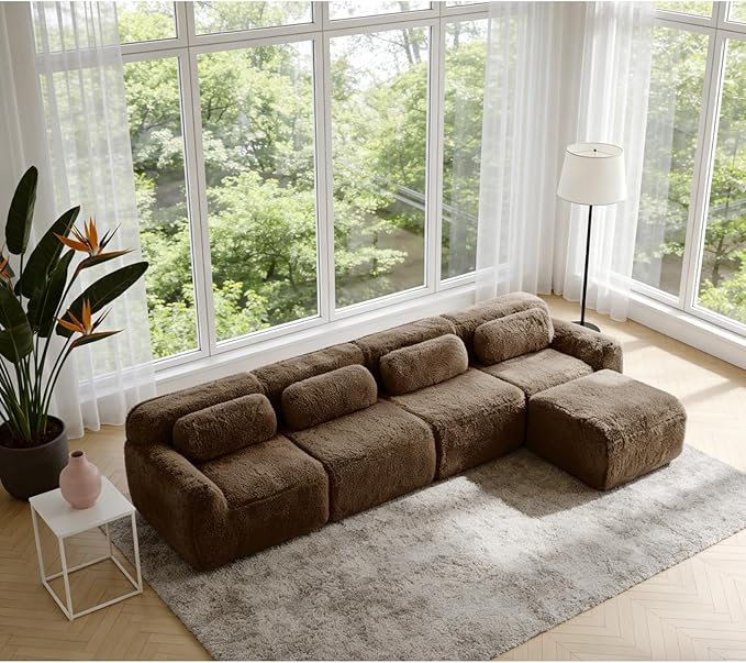 149" L-Shaped Boneless Modular Sofa, Plush Foam Lounge Couch, 32D High Density Sponge, Plush Convertible Sofa Set Deep Seat Couches for Living Room, Bedroom and Apartment, Chocolate
