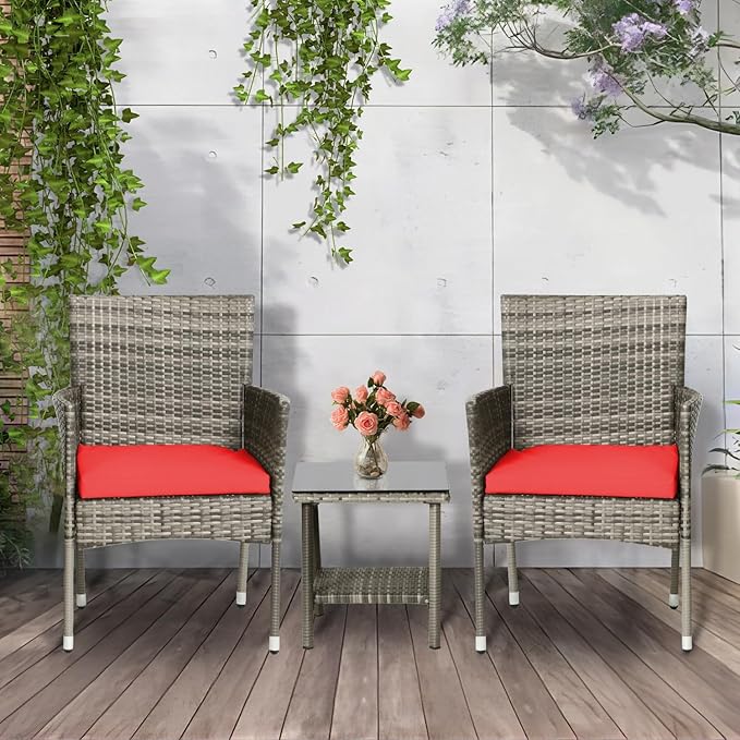 PayLessHere Set of 3 Outdoor Furniture Set Patio Furniture Set Gray Conversation Set with 2 Rattan Chairs Glass Coffee Table for Coffee Bar Poolside Patio Outdoor, Red Cushions