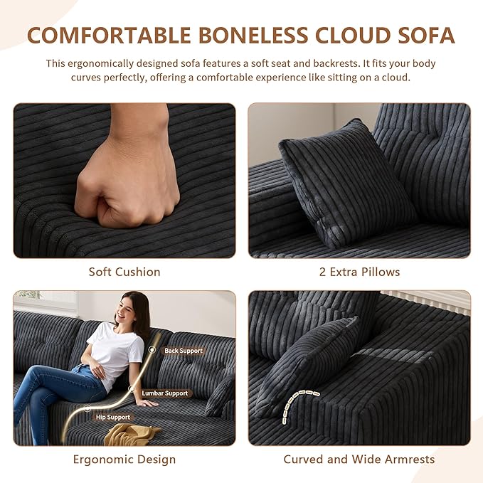 Ball & Cast 106" Modular Sectional Sofa, Convertible Cloud Couch with Deep Seat, Boneless L-Shaped Sectional, Flexible Modular Combination for Living Room, No Assembly (Gray, Right Facing Chaise)