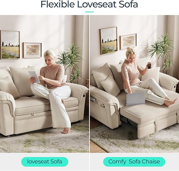 LINSY HOME Sectional Loveseat Sofa with Pull Out Chaise (Beige, 62.5'') | USB Charging, Pillow-style Armrest, Multiple Cushions, Side Storage Pockets, Corduroy Fabric