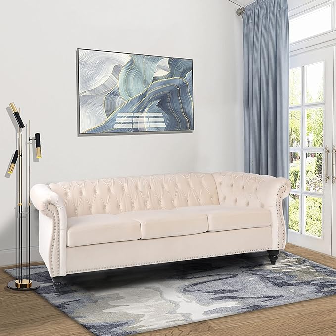 LEVNARY Velvet Chesterfield Sofa, Classic Tufted Upholstered Couch, Modern 3 Seater Couch Long Settee Furniture with Tufted Back for Living Room Office (Beige)